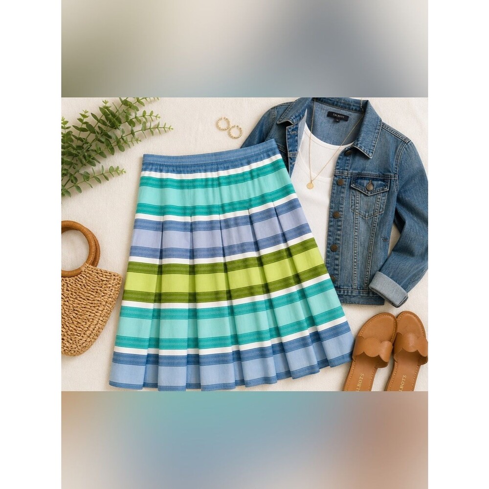 Talbots Pleated Striped Skater Skirt Blue Green Coastal Preppy Size 4 Resort
